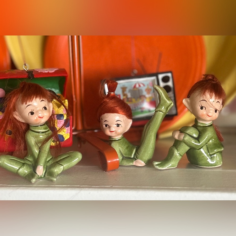 Japan Napco Green Ceramic Pixie Figurine Set